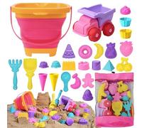 Sloosh Juego de juguetes de arena de playa, moldes de arena para viajes, con auto, camión, cubos plegables, palas de arena, juegos de moldes de helado de castillo con bolsa de malla, juguetes de caja