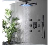 SLOPSS Black LED Shower Faucet Set LED Rainfall Shower Head 6pcs Massage SPA Jets 3-Way Hot Cold Mixer Tap Bath Shower -8 in Set