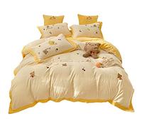 SLOPSS Cartoon Style Autumn and Winter Thick Milk Bed Sheet Four-Piece Cute Bear Cherry Quilt Cover Warm Velvet Bedding (Color Size 2m) (A 5 Piece Suit)