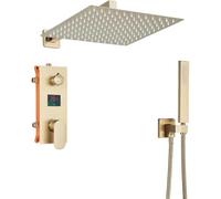 SLOPSS Juegos de Ducha para el baño Cepillado Gold Digital de Ducha Oculta 2/3 Camino de Ducha Supulador Hidroelécer Spout Giratorio Empotrado Entrada de Ducha de Pared de 2 vías 30 cm