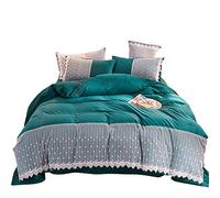 SLOPSS King Size Winter Duvet 4 Pcs Bedding Set Double Bed Quilt Cover Sets Flat Sheet Twin Lace European Style Pink Soft Flannel Thick Warm Fabric (Green Full)