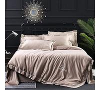 SLOPSS Luxury Bedding Set Pure Satin Silk European Style Embroidery Bed Sheet Quilt Cover Pillowcase 4pcs Romantic Soft Home Textile Flat Fitted (Color Size : Double) (D King)