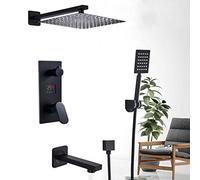 SLOPSS Matte Black Bathroom Shower Faucet Set Digital Display Rain Black Bath Shower Waterfall Shower Bathtub Mixer Tap