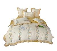 SLOPSS Pastoral Fresh Cotton Brushed Four-Piece Lace Quilt Cover Thickened Sheets Autumn and Winter Bedding (Color Size 2m) (A 5 Piece Suit)