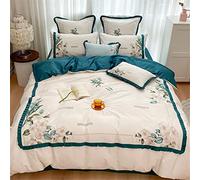 SLOPSS Pastoral Style Long-Staple Floral Embroidery Four-Piece Set with Ruffled Cotton Quilt Cover for Double Bed (Color Green Size : (White 1.5m)