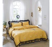 SLOPSS Set Double Size Green Bedding Sets Duvet Covers Quilt Cover Flat Sheet Pillowcases Soft Silky Silk Embroidery (Yellow King)