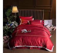 SLOPSS Set Size 4Pcs Satin Silk Duvet Fitted Sheet Pillow Cases Bedroom Quilt Cover Bedding Sets Double (Red King)