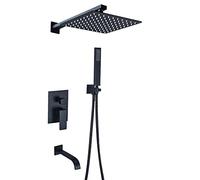 SLOPSS Shower Set 3-Function Mixer Shower Kit Stainless Steel Square Rain Shower System Shower Head and Hose Set-Drawing Gold_10 in (BlackOne 12 tum)