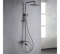 SLOPSS Shower System, Gray Brass Thermostatic Three Functions Shower Set Bathtub Diverter Mixer Tap with Height is Adjustable Spray Head and Tub Taps, Luxury Shower Set,B