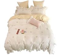 SLOPSS Washed Embroidered Four-Piece Set Girl Heart Fresh and Cute Sheets Quilt Cover Cotton Bedding (Color Size 2m) (4 Piece Suit)