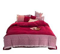 SLOPSS Winter Duvet 4 Pcs Bedding Set Double Bed Quilt Cover Sets Flat Sheet Twin Lace European Style Green Pink Soft Warm Flannel Thick (Red King)