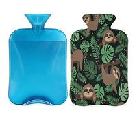 Sloth Tropical Leaves Botella de agua caliente con funda esponjosa, bolsa de agua caliente de gran capacidad de 2 litros, bolsa de agua con estampado de perezoso para noches acogedoras, alivio del