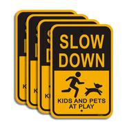 Slow Down Kids and Pets at Play Signs (4 Pack) 18 x 12 40Mil Rust Free Aluminum Weather Resistant Waterproof Durable Ink Easy to Mount for Neigh