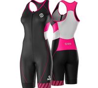 SLS3 Pro Traje de Triatlón para Mujer - Trisuit de Una Pieza - Tritraje Triatlon Mujer Delgado, Sin Sujetador Incorporado (Black/Bright Rose Stripes, S)