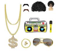 SLshiBo Disfraz de Hip Hop de 9 piezas, disfraz de rapero, color dorado de los años 80 y 90, accesorio con collar de dólares, anillo de oro, gafas de sol, hinchables, boombox, peluca para hombre, etc.