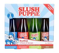 Slush Puppie - Juego de 4 jarabes de 180 ml. Incluye sabores de frambuesa azul, fresa, cola y limón-lima.