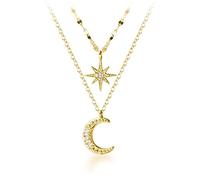 SLUYNZ Collar de Plata de Ley 925 en Capas para Mujer y Adolescentes Collar de Luna y Estrella Cadena Doble Gargantilla, Star: 1.4cm, Moon: 1.2cm