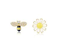SLUYNZ Pendientes de plata de ley 925 con flor de abeja para mujer y niña, diseño de margaritas y abejas, para verano y primavera, small, Plata de ley, Circonia cúbica