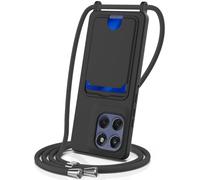 SLWYF Funda con Cuerda Compatible con Motorola Moto G Stylus 5G 2025/Edge 60 Stylus 5G, con Ranura para Tarjetas, Silicona Líquida Case con Correa Colgante Ajustable Collar Correa de Cuello, Negro
