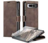 SLWYF Funda para Google Pixel Fold con 2 Película Protectora de Pantalla de Vidrio, Cartera Flip Caso de Teléfono PU Cuero Ranuras de Tarjeta Caso Protector - Café