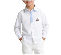 Slxbear Camisa informal de algodón de manga larga para niños y niñas, con botones, estampada, lisa, ligera, transpirable, cuello de solapa, uniforme escolar, cómoda, viajes, vacaciones, fiestas
