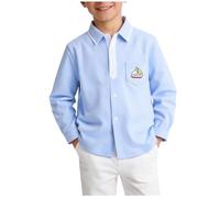Slxbear Camisa informal de algodón de manga larga para niños y niñas, con botones, estampada, lisa, ligera, transpirable, cuello de solapa, uniforme escolar, cómoda, viajes, vacaciones, fiestas