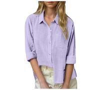 Slxbear Camisas de algodón y lino con botones para niñas, casual, de manga larga, holgada, color sólido, ligera, suave, transpirable, cuello frontal abierto, para vacaciones, 5-14 años, B-morado, 13