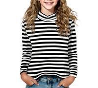 Slxbear Camisas de manga larga a rayas para niñas, cuello alto, sin botones, suaves, holgadas, transpirables, ligeras, cómodas, para exteriores, vacaciones, viajes, 2-15 años, Negro, 6-7 años