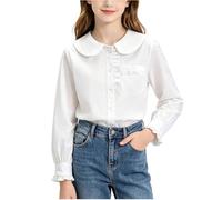 Slxbear Camisas de manga larga con volantes para niñas, cuello Peter Pan, casual, linda, de algodón, transpirable, lisa, uniforme, ligera, cómoda, para exteriores, vacaciones, 5-15 años, H-blanco., 11