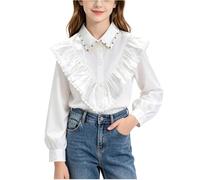 Slxbear Camisas de manga larga con volantes para niñas, cuello Peter Pan, casual, linda, de algodón, transpirable, lisa, uniforme, ligera, cómoda, para exteriores, vacaciones, 5-15 años, D-blanco, 14
