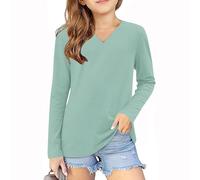 Slxbear Camiseta de manga larga para niñas y niños, cuello en V, elástica, ligera, casual, transpirable, suave, holgada, cómoda, básica, para vacaciones, viajes, 3-14 años, C-verde menta, 3-4 años