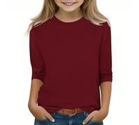 Slxbear Camiseta informal de manga 3/4 para niñas, cuello redondo, ligera, transpirable, cómoda, ajuste holgado, suave, absorbe la humedad, para vacaciones escolares, 3-12 años, C-vino, 7-8 años