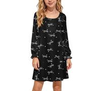 Slxbear Vestido de satén con forro en A, manga larga, cuello redondo | Puños con volantes, sin cierre, cómodo, ligero, ajuste holgado, suave, transpirable, estampado, lindo, escuela, fiesta