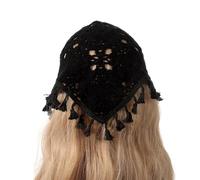 SLXLYH Delicado turbante de ganchillo con borlas para niñas calientes que toman fotos, diadema de punto para mujeres, accesorio para el cabello de viaje (negro)