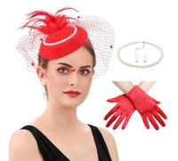 SLXLYH Juego de sombrero para mujer, tocado con plumas y collar, aretes, guantes cortos de encaje, para té, fiesta, boda (rojo)