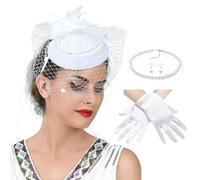 SLXLYH Juego de sombrero para mujer, tocado con plumas y collar, aretes, guantes cortos de encaje, para té, fiesta, boda (blanco)