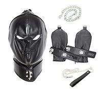 SM Máscara de Cuero para la Cabeza con Guantes/Esposas/Cadenas Cortas/Cadenas de Remolque - Máscara de Capucha de Cuero Ajustable Ojos Abiertos Boca con Cremallera Bondage Fetiche