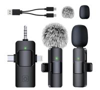 SmaFun Micrófono Lavalier inalámbrico 3 en 1, mini micrófono con reducción de ruido inteligente para PC, Android, cámara, micrófono de solapa con 7 horas de tiempo de trabajo