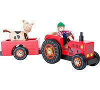 Small Foot 10316 Tractor de Madera con Granja de Remolque, con Figuras de Agricultor y Vaca doblando y Ruedas de Goma, para Mayores de 3 años