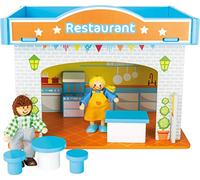 Small Foot 10852 - Casa de Juegos de Madera para Restaurante, Incluye mesas, sillas y Dos muñecas Flexibles y Muebles Estampados Coloridos, pequeña casa de muñecas Apta para niños a Partir de 3 años