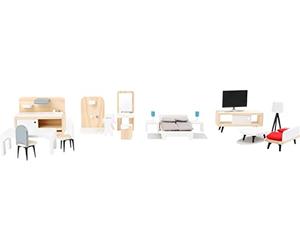 Small Foot 11414 Set Completo de Muebles para la casa de muñecas, Madera, Sala, Cocina, Dormitorio y baño, a Partir de 3 años.