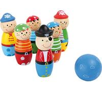 Small Foot 3982 Conos de madera en aspecto pirata, juego de bolos para salón y jardín, a partir de 2 años, multicolor