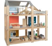 Small Foot Casita de muñecas Natural con Muebles de Madera, con 3 Plantas y azotea, para niños a Partir de 3 años, 12541