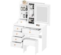 Small Makeup Vanity Desk with Sliding Illuminated Mirror, Girl Bedroom Vanity Table with Adjustable 3 Color LED Lights, 6 Drawers, Carne, Open/Hidden Shelves, White Makeup Table for Bedroom (White)