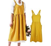 Small snail Delantal Japones Mujer Delantales Algodón Lino con 2 Bolsillos Grandes Estilo Color Sólido Impermeable Babero para Cocinar Pintura Jardinería Florería Hornear Trajes de Trabajo Amarillo