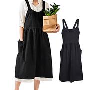 Small snail Delantal Japones Mujer Delantales Algodón Lino con 2 Bolsillos Grandes Estilo Color Sólido Impermeable Babero para Cocinar Pintura Jardinería Florería Hornear Trajes de Trabajo Negro