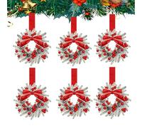 Small Wreaths for Kitchen Cabinets, Christmas Mini Window Wreaths, with Ribbon Bows Red Berry, 6 Pcs for Window Door Farmhouse Christmas Party Decorations Candle Rings Fireplaces (6 pcs-A)