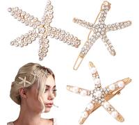 SmallCat 3 pinzas para el pelo de estrella de mar, horquillas de pelo con perlas de diamantes de imitación dorados, pasadores de pelo de estrella de mar, accesorios para el cabello de sirena, tocado