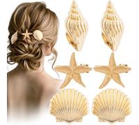 SmallCat 6 pinzas de pelo de estrella de mar, pinzas de pelo de concha de sirena, accesorios de metal para el cabello para mujeres, fiesta en la playa, vacaciones de verano (3 estilos, dorado)