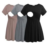 Smallshow Mujer Camiseta Lactancia Manga Corta T Shirt Premama Embarazada 3 Pack,Black-Brown-Light Grey,S